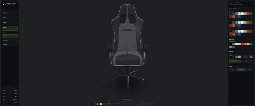 Konfigurator 3D WebGL z wyborem kolorów materiałów i wyposażenia